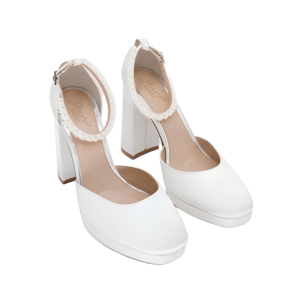 Jewel Badgley Mischka Ivory Satin Pearl Block Heel Pumps Size 11M
